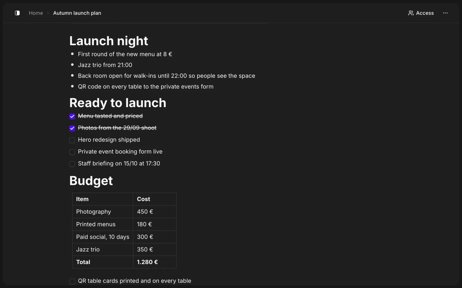 A page in the block editor on a demo organization: a launch plan with a budget table and a checklist.